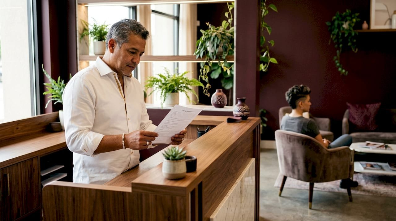 Hairstylist holding pricing questionnaire sheet