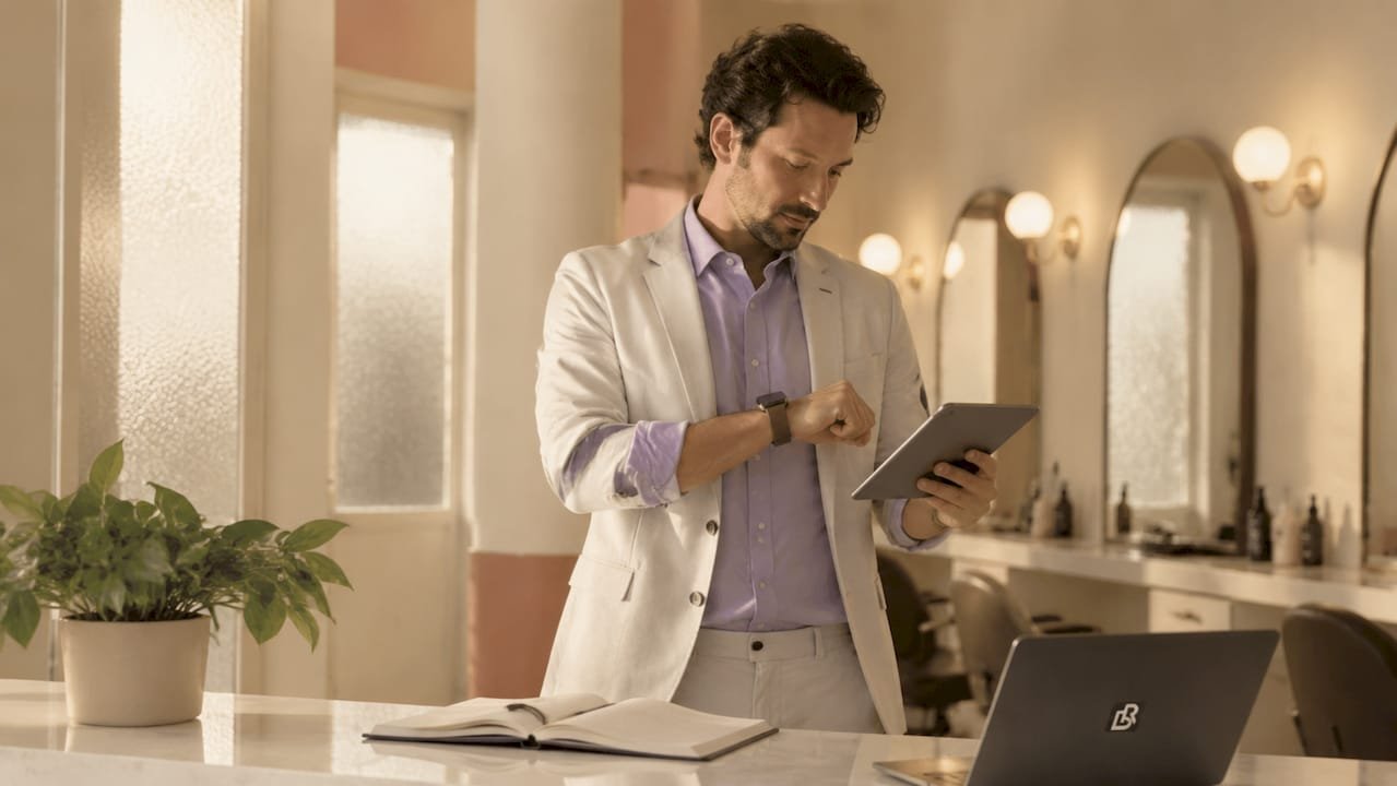 Salon manager handling smartphone and smartwatch