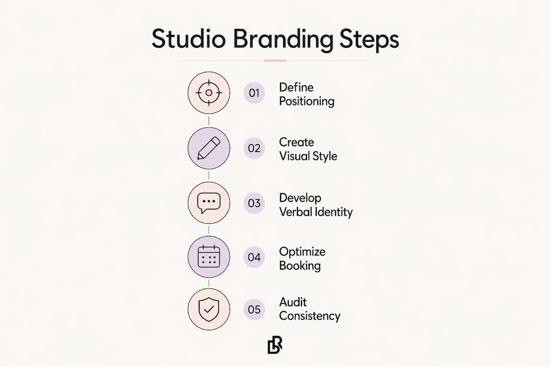 Infographic showing key steps for studio branding success