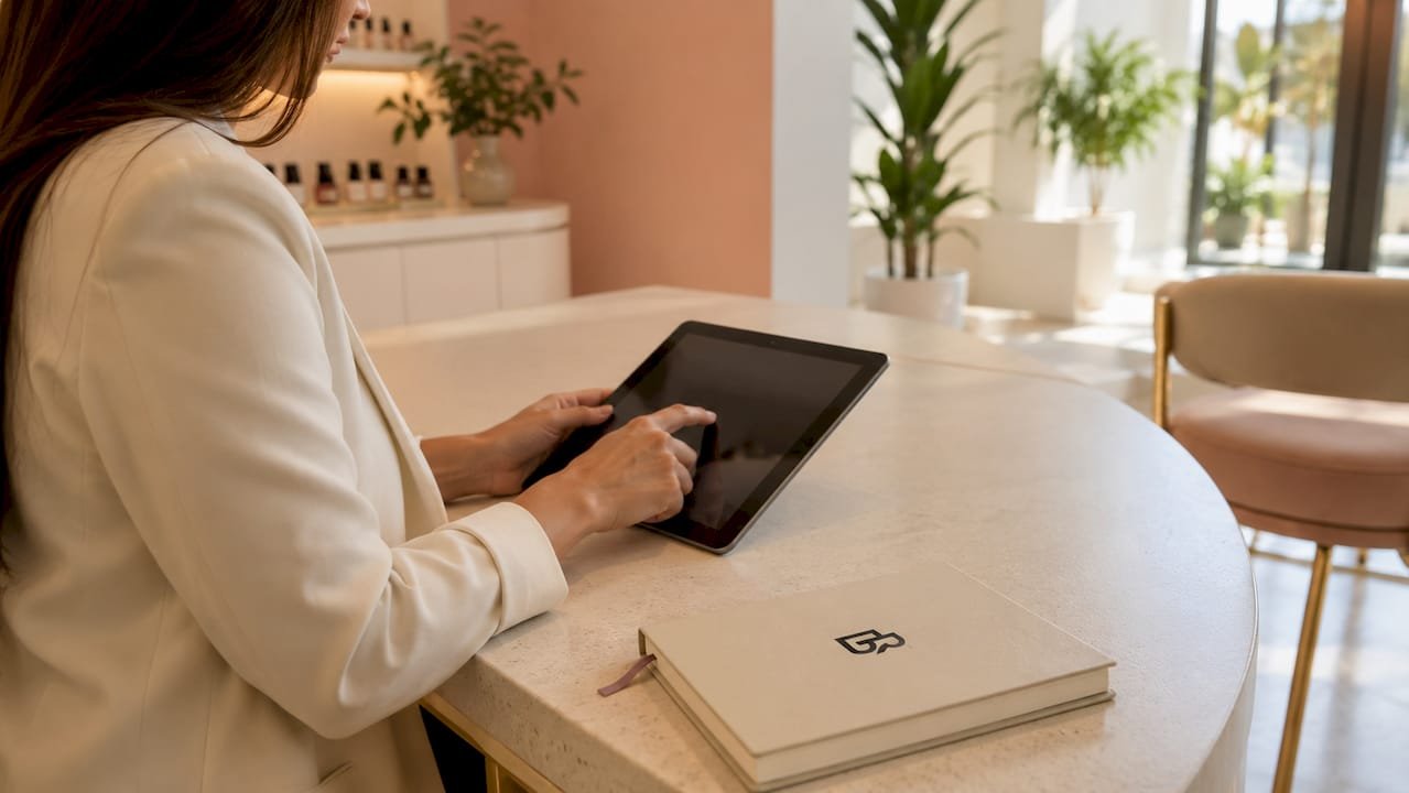 Hands scrolling digital client records on tablet