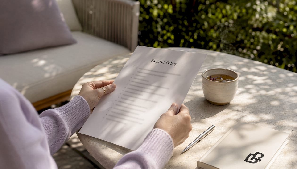 Hands holding printed deposit policy document