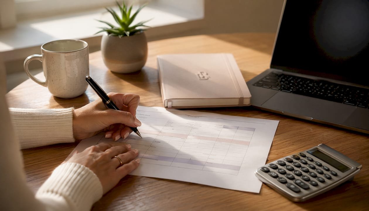 Hands calculating rebooking rate on paper