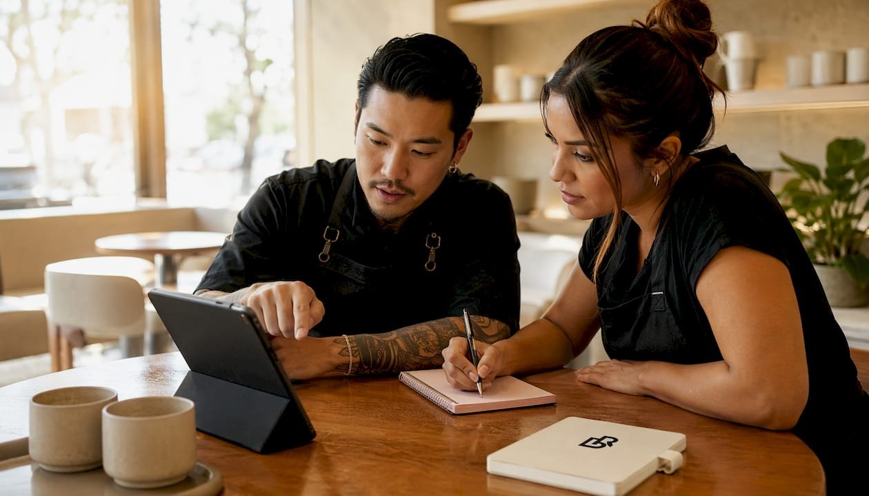Two barbers discussing scheduling with tablet